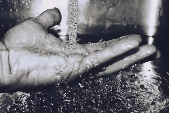 grayscale photography of hand
