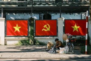 street scene in hanoi with communist symbolism