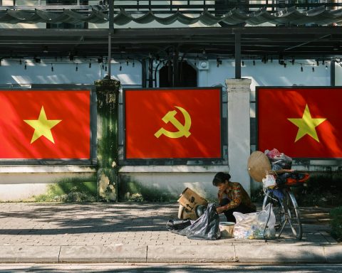 street scene in hanoi with communist symbolism